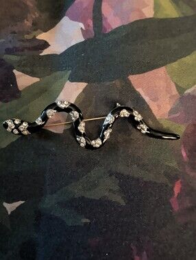 Vintage 80's Rhinestone Goldtone Brooch Snake Diamanté Black Enamel  EXC